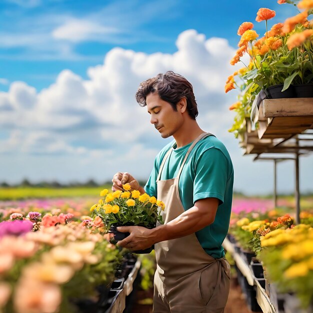 Een mooie man die zorgt voor een bloemenkwekerij onder de hemel natuurlijke groene achtergrond kleur bloem