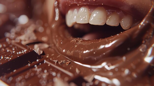 Foto een mooie mond die chocolade eet close-up voor het concept van het paasfeest