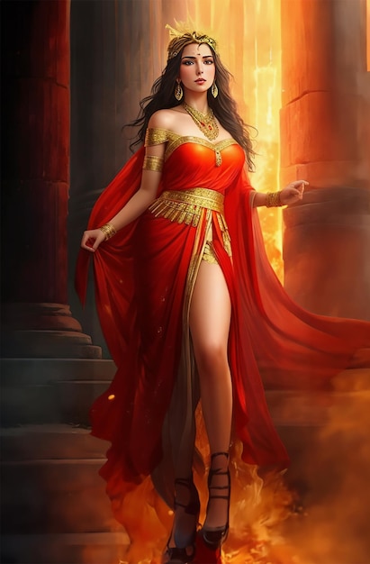 Een mooie oude Griekse vrouw in rode jurk