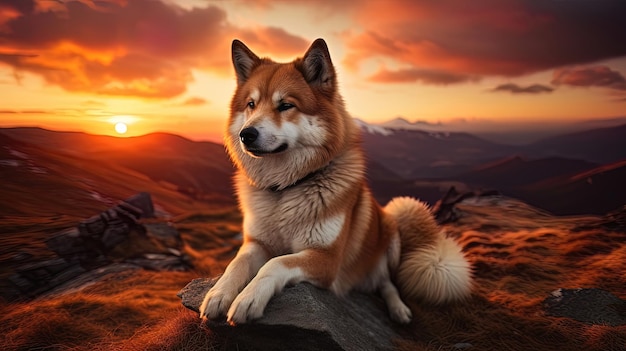 Een mooie rode hond van het Shiba Inu-ras op de achtergrond van een berglandschap met een prachtige neonzonsondergang Generative AI