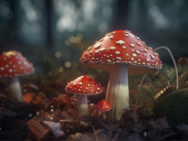 Een mooie rode paddenstoel Vliegenzwam Amanita groeit in het bos
