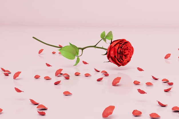 Een mooie roos met bloemblaadjes die afbrokkelen over de pastelkleurige achtergrond 3D render