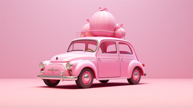 Een mooie roze reisauto.