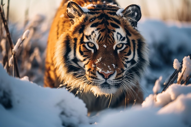 Een mooie tijger loopt door de sneeuw