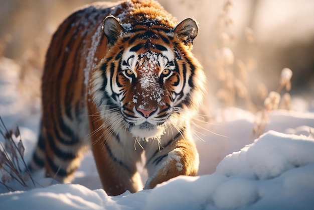 Een mooie tijger loopt door de sneeuw