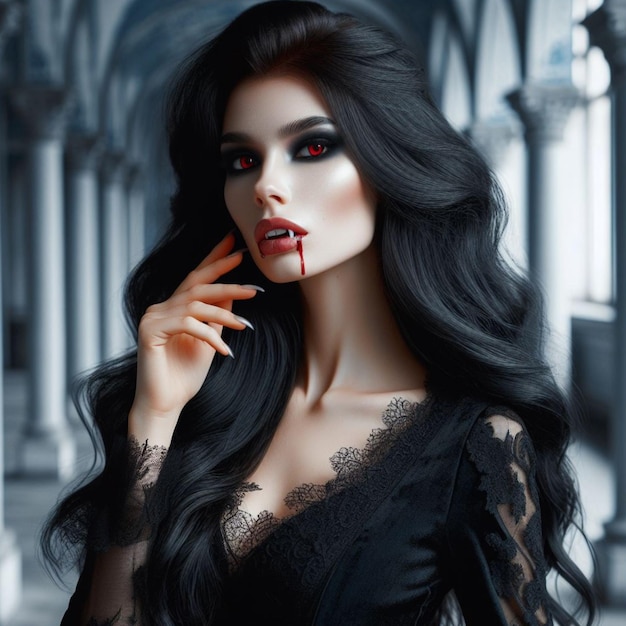 Een mooie vampier met zwart haar en zwarte kleren 3