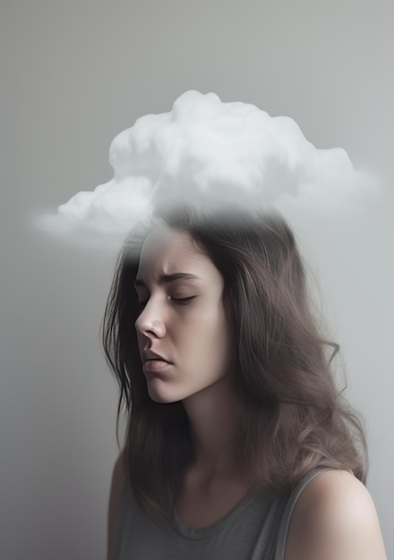 Een mooie verdrietige vrouw depressief boven haar hoofd een dikke grijze wolk mist