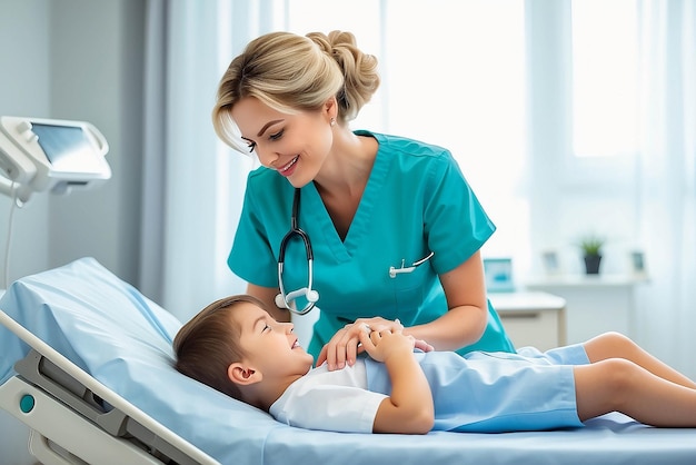 Een mooie, vriendelijke verpleegster die voor een kleine jongen zorgt die in het ziekenhuis in bed ligt. Een gelukkige verpleegkundige die de dekens terugsteekt voor het jonge kind dat op het ziekenhuisbed ligt.