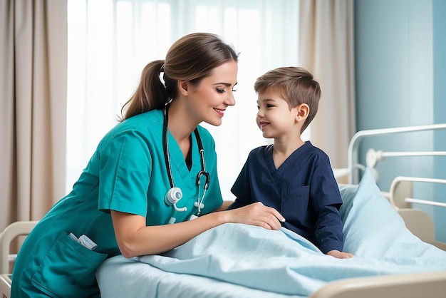 Een mooie, vriendelijke verpleegster die voor een kleine jongen zorgt die in het ziekenhuis in bed ligt. Een gelukkige verpleegkundige die de dekens terugsteekt voor het jonge kind dat op het ziekenhuisbed ligt.
