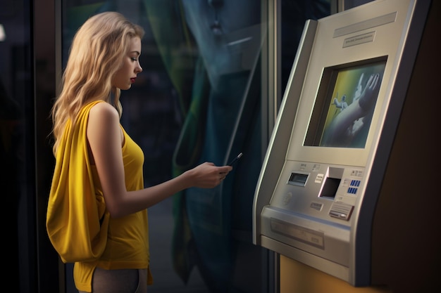Een mooie vrouw bij een geldautomaat die een transactie doet met haar creditcard.