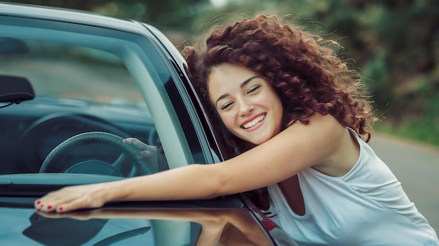 Een mooie vrouw die een auto knuffelt.