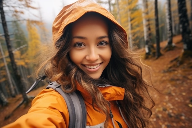 een mooie vrouw die een selfie maakt in het herfstbos