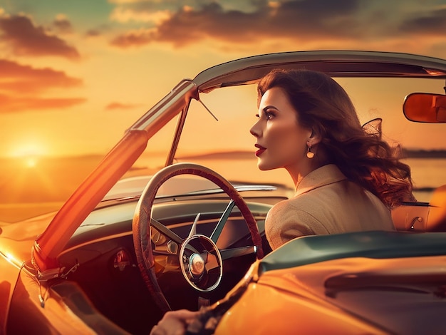 Een mooie vrouw die een vintage auto rijdt bij zonsondergang.