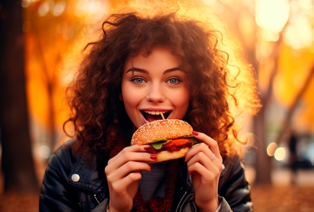 een mooie vrouw die hamburger eet