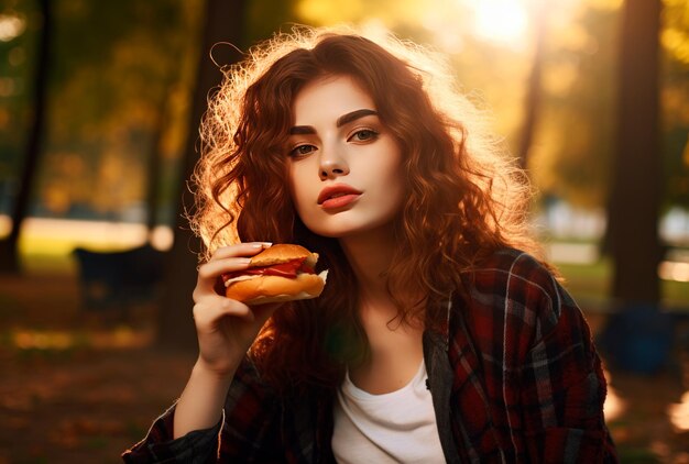 een mooie vrouw die hamburger eet