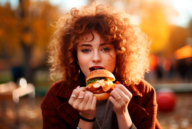 een mooie vrouw die hamburger eet