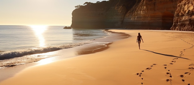 Een mooie vrouw die op het strand loopt bij zonsondergang.