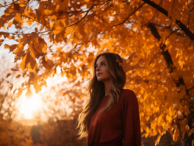 een mooie vrouw die voor een herfstboom staat