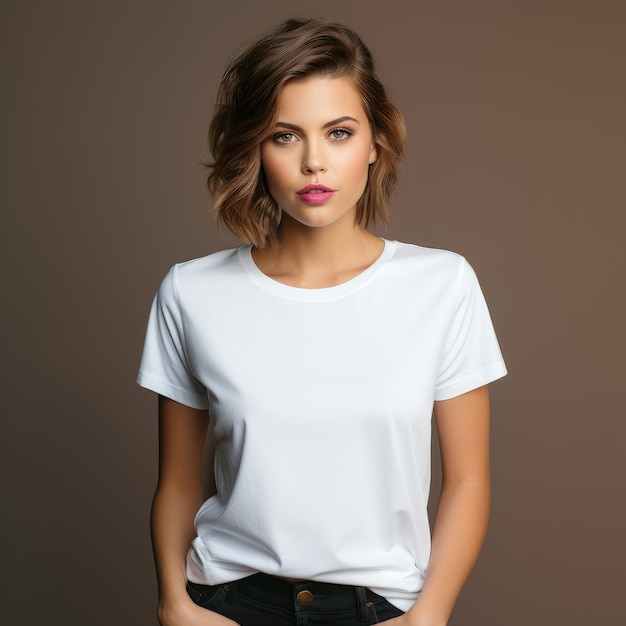 een mooie vrouw, gekleed in een effen wit t-shirt tegen een minimale achtergrond