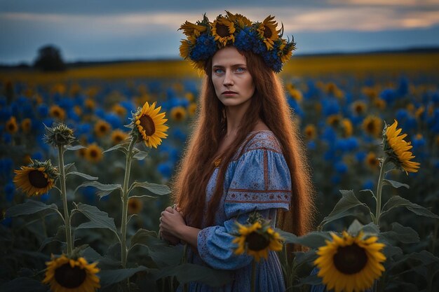 Foto een mooie vrouw in een nationaal oekraïens kostuum met een bos zonnebloemen en maïsoren