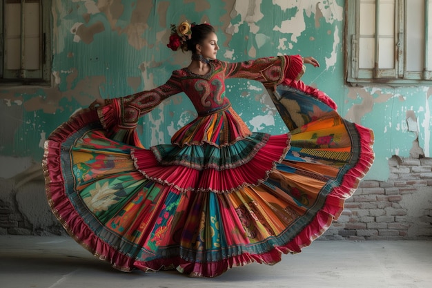 een mooie vrouw in een traditionele zigeunerjurk op de achtergrond van een oude muur