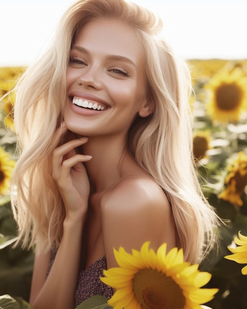 een mooie vrouw in een tuin van zonnebloemen
