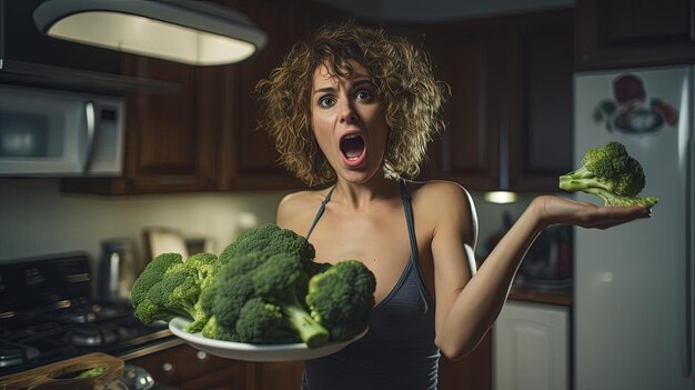 een mooie vrouw in haar keuken die broccoli omhoog houdt in de stijl van emotioneel geladen portretten