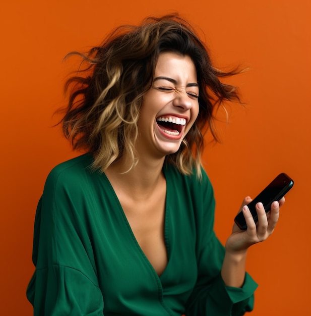 Een mooie vrouw lacht en tikt op haar mobiele telefoon terwijl een groene achtergrond moderne veroudering voorraad beelden ai gegenereerd veroudering beelden