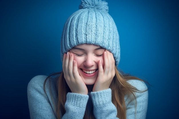 een mooie vrouw met een blauwe gebreide muts lacht op een blauwe achtergrond