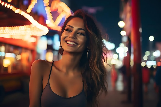 Een mooie vrouw met een glimlach nacht stadsverlichting achtergrond Ai gegenereerd