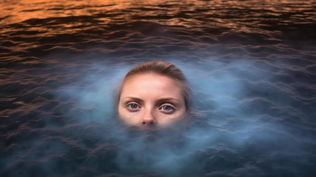 Een mooie vrouw met een model-achtig uiterlijk zwemt in een geysermeer in IJsland