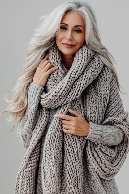 Foto een mooie vrouw met grijs haar, gekleed in een trui en sjaal