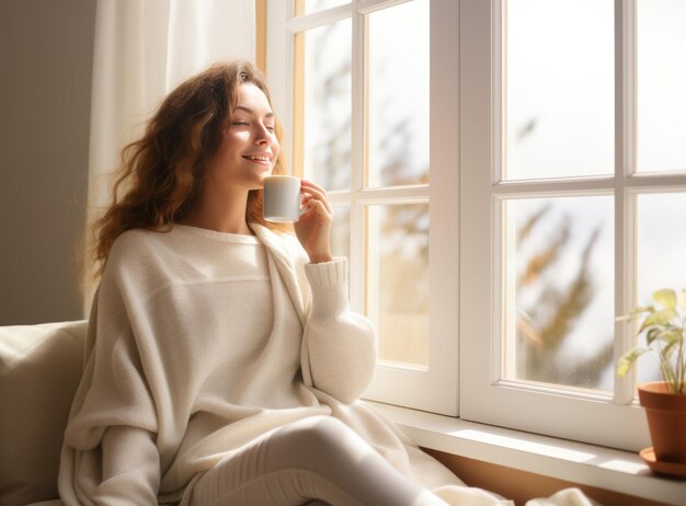 een mooie vrouw met koffie in haar hand