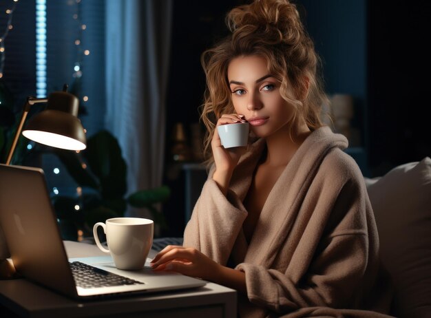 Foto een mooie vrouw met koffie in haar hand