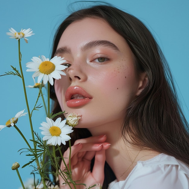 Foto een mooie vrouw met lang donker haar houdt madeliefjesbloemen vast in een schoonheidsconcept.