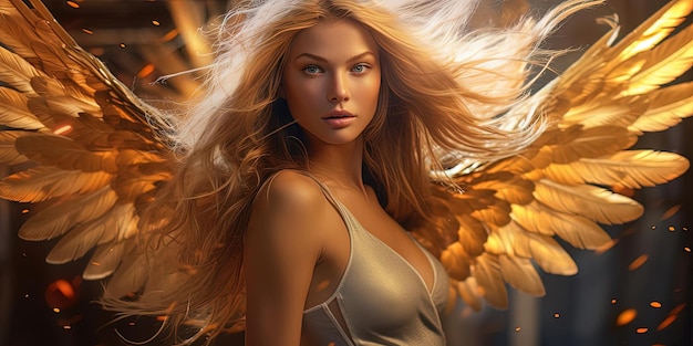 een mooie vrouw met vleugels in de stijl van gouden tinten