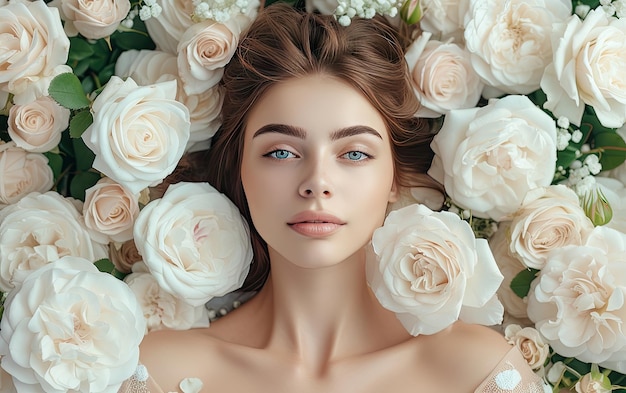 een mooie vrouw met witte rozen professionele reclame post foto ai gegenereerd