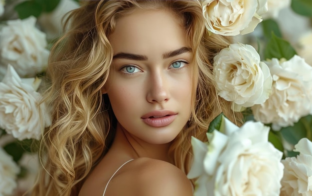 een mooie vrouw met witte rozen professionele reclame post foto ai gegenereerd