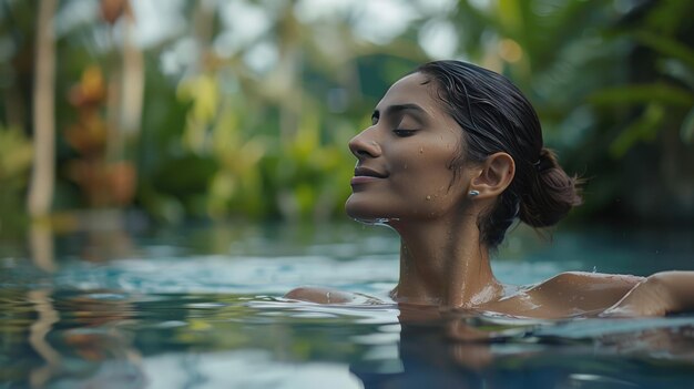 Een mooie vrouw op vakantie die ontspant in het zwembad van een luxe tropisch resort.