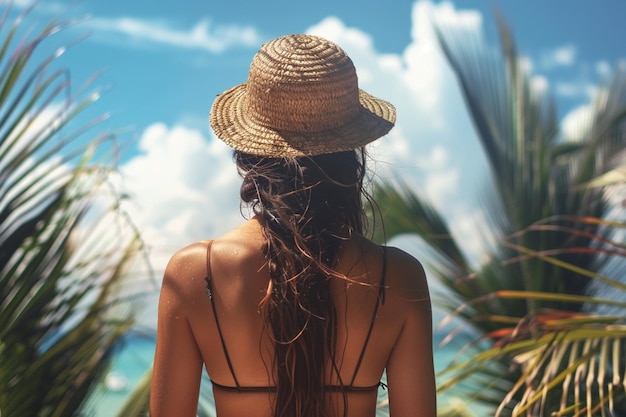 Foto een mooie vrouw op vakantie met lang haar staat op het strand, gegenereerd door ai.