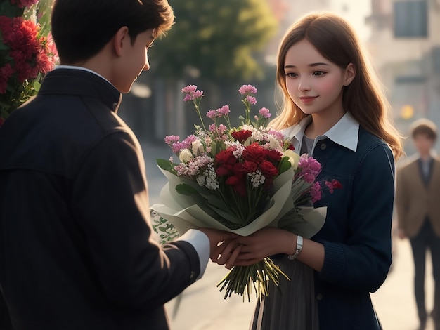 een mooie vrouw presenteert een boeket bloemen aan het beeld van zijn vriend