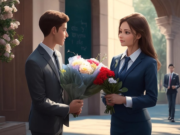 een mooie vrouw presenteert een boeket bloemen aan het beeld van zijn vriend