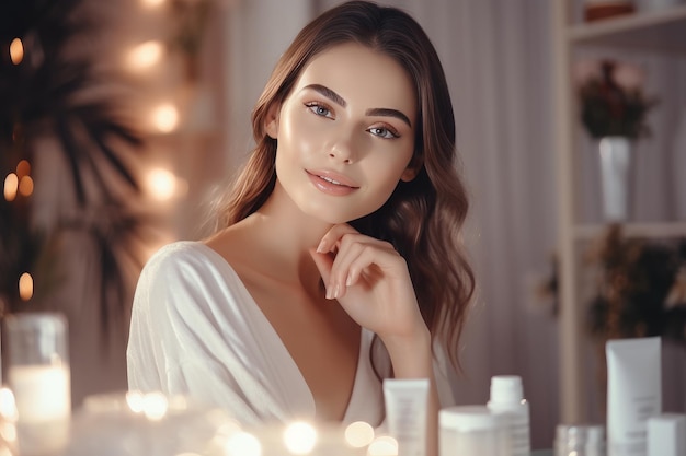 Een mooie vrouw zit aan de cosmetische tafel in de slaapkamer