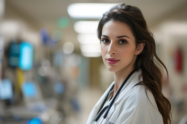 Foto een mooie vrouwelijke dokter in een ziekenhuis.