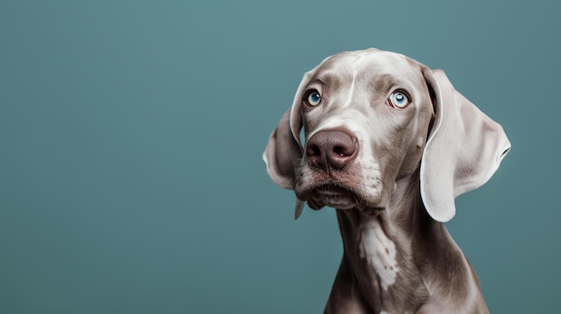 Een mooie Weimaraner hond met blauwe ogen kijkt aandachtig omhoog de hond heeft een slanke grijze vacht en staat tegen een lichtblauwe achtergrond