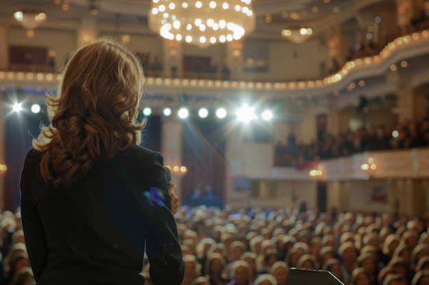 Foto een mooie zakenvrouw spreekt voor een groot publiek in de zaal