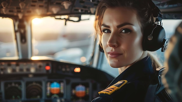 Een mooie zelfverzekerde vrouwelijke piloot zit in de cockpit van een vliegtuig ze draagt een blauw uniform en een headset
