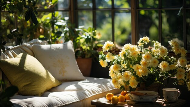 Een mooie zonnebloede kamer met een bank, bloemen en een tafel met fruit erop.