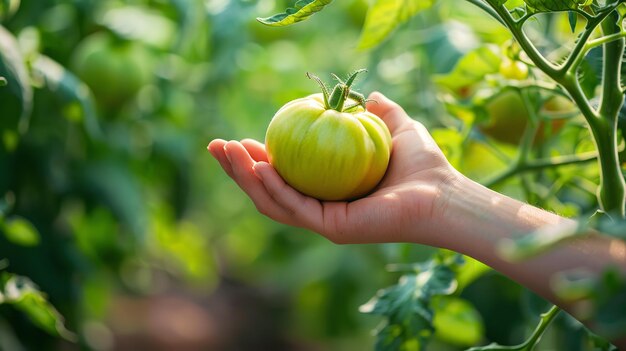 Een mooie zuivere groene tomaat die door een meisje wordt vastgehouden tegen een korrelige achtergrond van een kas en ruimte.