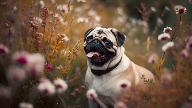 Een mopshond in een bloemenveld